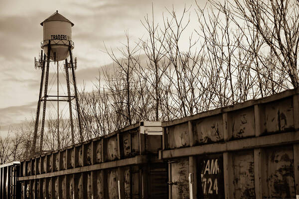 America Poster featuring the photograph Rogers Arkansas Water Tower Along the Rail - Sepia by Gregory Ballos