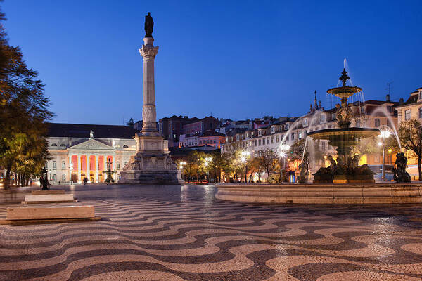 Fountain Poster featuring the photograph Rossio Square by Night in Lisbon by Artur Bogacki
