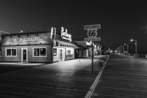 Santa Monica Pier Poster featuring the photograph Route 66 Santa Monica Black and White by John McGraw