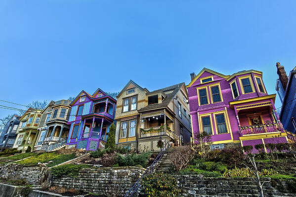 Cincinnati Ohio Row Houses Colorful Purple Blue Yellow Green Hdr Poster featuring the photograph Row houses by Keith Allen