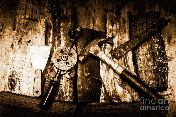 Mining Poster featuring the photograph Rusty Old Hand Tools on Rustic Wooden Surface by Jorgo Photography