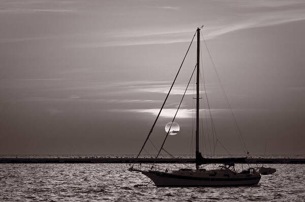 Boat Poster featuring the photograph Sailboat Sunrise In B and W by Steve Gadomski