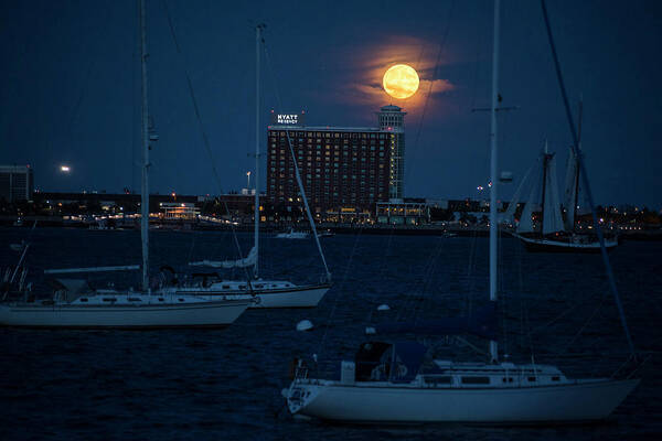 Boston Poster featuring the photograph Sailing in front of the moon Boston Harbor Full Moon 2 by Toby McGuire