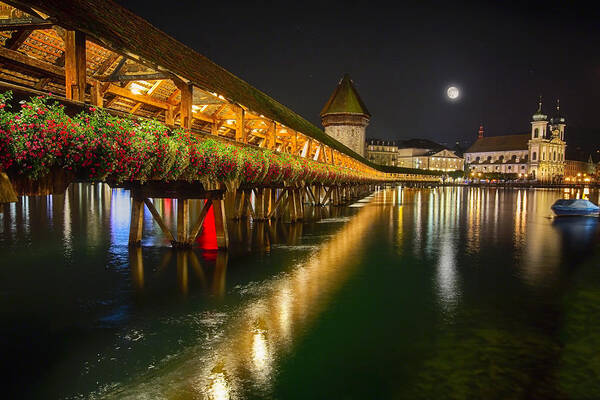Bridge Poster featuring the photograph Scenic Night View of the Chapel Bridge in Old Town Lucerne by George Oze