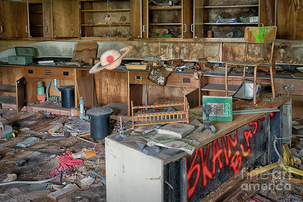 Gary Poster featuring the photograph Science room in abandoned school by Izet Kapetanovic
