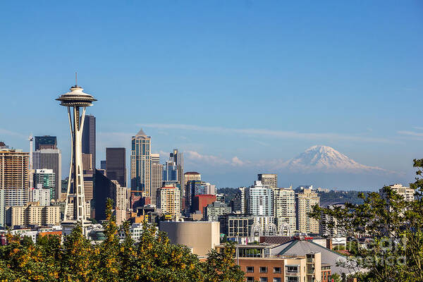Seattle Poster featuring the photograph Seattle Skyline and Mt Rainier by Joan McCool