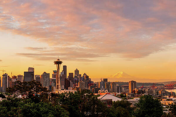 Sunrise; Landscape; Space Needle; Seattle; Kerry Park; Mount Rainier; Cloudy Poster featuring the digital art Seattle Sunrise by Michael Lee