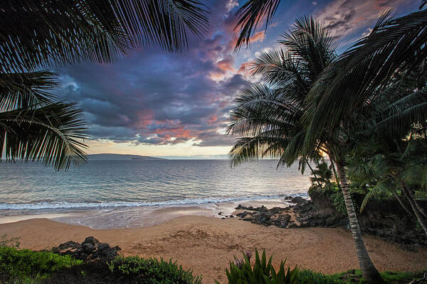 Poolenalena Maui Hawaii Palmtrees Seascape Beach Ocean Clouds Sunset Poster featuring the photograph Secret Cove by James Roemmling