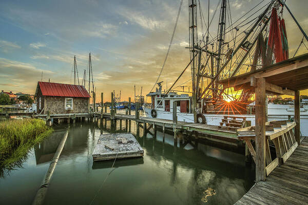 Shem Creek Poster featuring the photograph Shem Creek Boathouse and Shrimp Boat by Donnie Whitaker