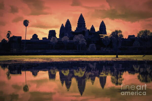 Angkor Wat Poster featuring the digital art Silhouettes Angkor Wat Cambodia Mixed Media by Chuck Kuhn