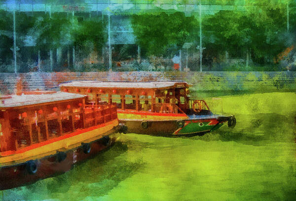 Boats Poster featuring the mixed media Singapore River Boats by Joseph Hollingsworth