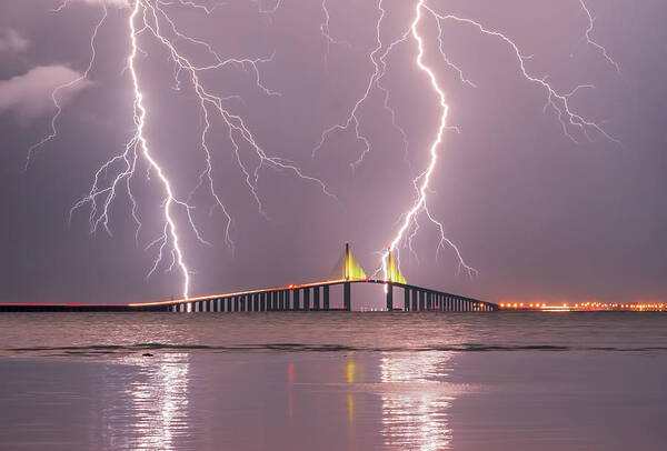 Sunshineskyway Poster featuring the photograph Skyway Lightning hit by Justin Battles