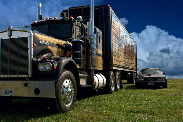 1973 Poster featuring the photograph Smokey and the Bandit Tribute 1973 Kenworth W900 Black and Gold Semi Truck and The Bandit TransAm by Tim McCullough