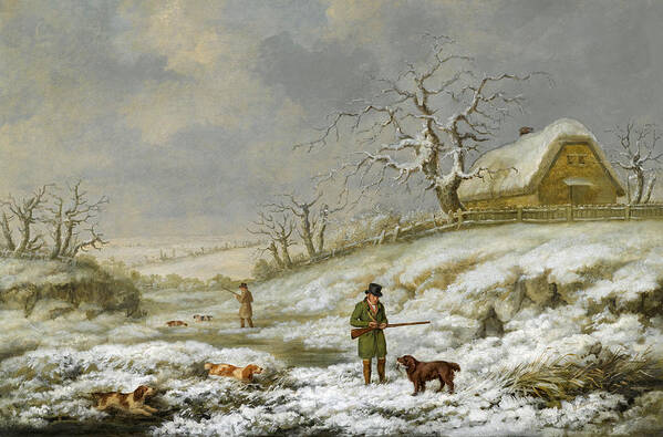 James Barenger Poster featuring the painting Snipe Shooting in a Winter Landscape by James Barenger