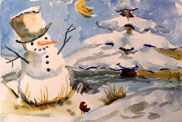 Frosty Poster featuring the painting Snowman Hug by Mindy Newman