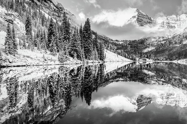 Maroon Bells Wall Art Poster featuring the photograph Snowy Aspen Colorado Maroon Bells in Black and White by Gregory Ballos