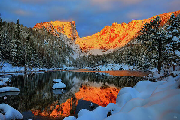 Dream Lake Poster featuring the photograph Snowy Dawn at Dream Lake by Greg Norrell
