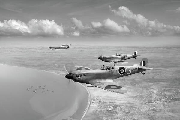 92 Squadron Poster featuring the photograph Spitfires over Tunisia black and white version by Gary Eason