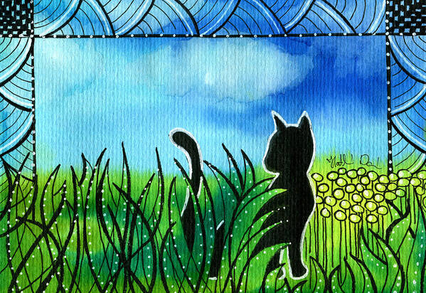 Spring Breeze Poster featuring the painting Spring Breeze - Black Cat Card by Dora Hathazi Mendes