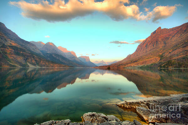 St Mary Lake Poster featuring the photograph St Mary Lake Clouds And Sunrise by Adam Jewell