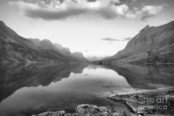 St Mary Lake Poster featuring the photograph St Mary Lake Clouds And Sunrise Black And White by Adam Jewell