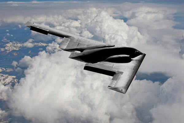 B-2 Stealth Bomber Poster featuring the mixed media Stealth Bomber Over the Clouds by Erik Simonsen