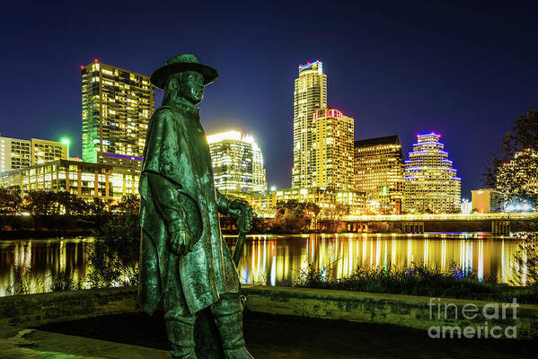 1st Poster featuring the photograph Stevie Ray Vaughan Statue with Austin TX Skyline by Paul Velgos