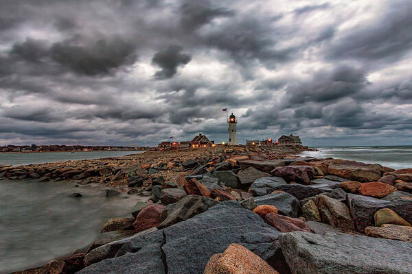 Scituate Poster featuring the photograph Stormy Sunrise over Scituate Lighthouse by Brian MacLean