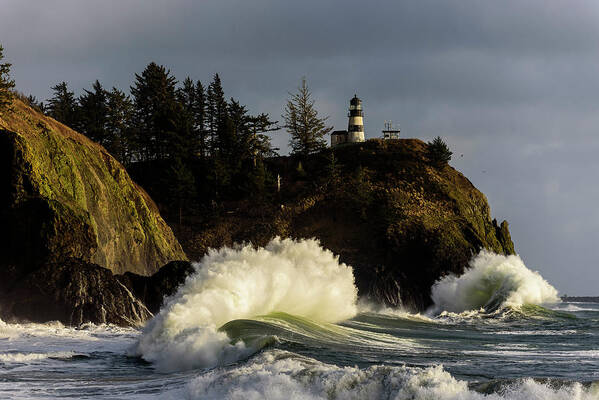 Cape Disappointment Poster featuring the photograph Sun and Surf With Lighthouse by Robert Potts