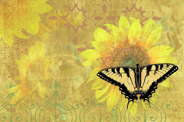 Butterfly Poster featuring the painting Sunflower Butterfly Yellow Gold by JQ Licensing