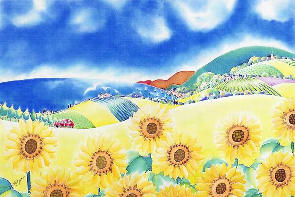 Sunflower Poster featuring the painting Sunflower hills by Hisayo OHTA