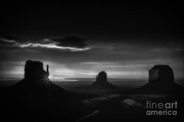 Sunrise At Monument Valley In Black And White Poster featuring the photograph Sunrise at Monument Valley in Black and White by Priscilla Burgers