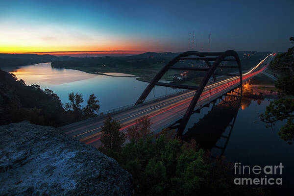 360 Bridge Poster featuring the photograph Sunrise greets the Lake Austin and the 360 Bridge as early morni by Dan Herron
