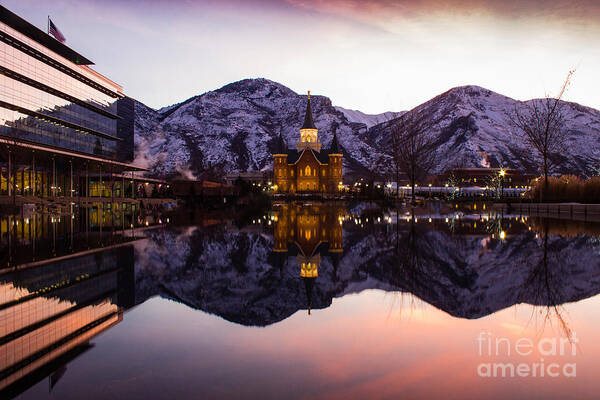 Sunrise Poster featuring the photograph Sunrise Reflection Provo City Center Temple by Timpanogos Photography