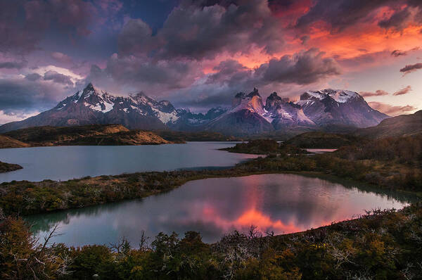 Chile Poster featuring the photograph Sunrise spectacular at Torres Del Paine. by Usha Peddamatham
