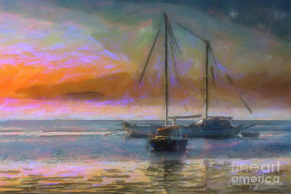 Sunrise Poster featuring the painting Sunrise with boats by Chris Armytage