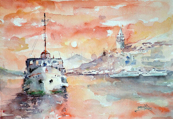 Ship Poster featuring the painting Sunset In Istanbul... by Faruk Koksal