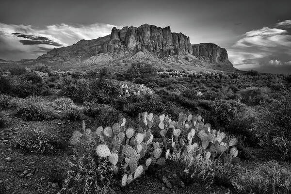 Superstitions Poster featuring the photograph Superstition Mountains in Black and White by Dave Dilli