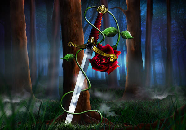 Sword Poster featuring the digital art Sword and Rose by Alessandro Della Pietra
