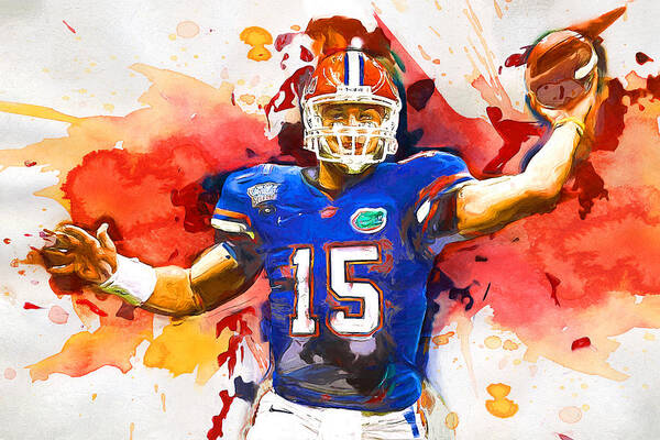 Tim Tebow Poster featuring the painting Tebow Splash TD by John Farr