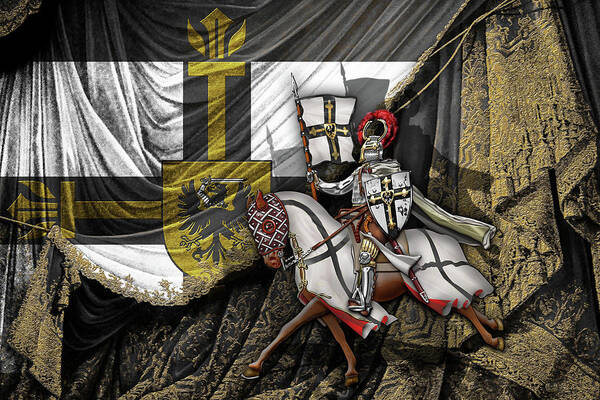 'ancient Brotherhoods' Collection By Serge Averbukh Poster featuring the digital art Teutonic Knight Rider on Horseback in front of the Teutonic Flag. by Serge Averbukh