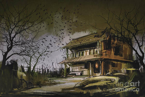 Acrylic Poster featuring the painting The abandoned house by Tithi Luadthong