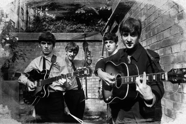 The Beatles Poster featuring the painting The Beatles In London 1963 Black And White Painting by Tony Rubino