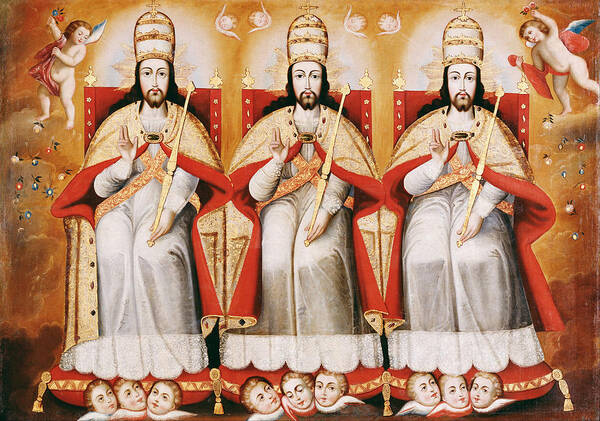 Cuzco School Poster featuring the painting The Enthroned Trinity as Three Identical Figures by Cuzco School