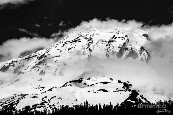 Mount Rainier Poster featuring the photograph The Immovable Object, Black and White by Adam Morsa