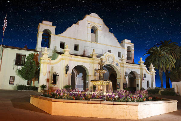 San Gabriel Valley Poster featuring the photograph The Mission at Night by Robert Hebert