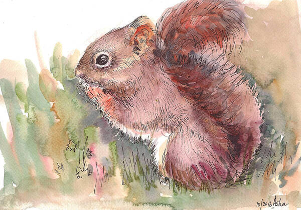 Squirrel Poster featuring the painting The red Squirrel by Asha Sudhaker Shenoy