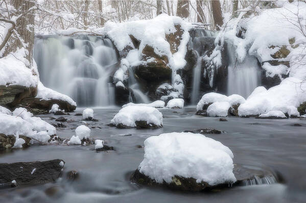 Rutland Ma Mass Massachusetts Waterfall Winter Snow Ice Water Falls Nature New England Newengland Outside Outdoors Natural Old Mill Site Woods Forest Secluded Hidden Secret Dreamy Long Exposure Brian Hale Brianhalephoto Snowing Peaceful Serene Serenity Poster featuring the photograph The Secret Waterfall in Winter 1 by Brian Hale