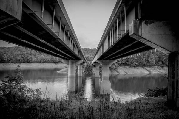 Kelly Hazel Poster featuring the photograph The Underside of Two Bridges Symmetry in Black and White by Kelly Hazel