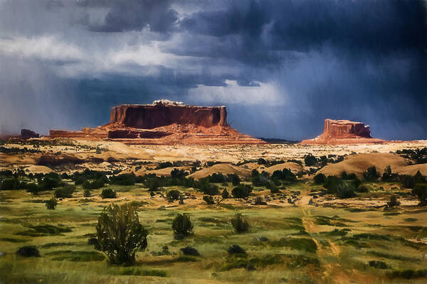 Canyonlands Poster featuring the digital art Thunderstorms Approach a Mesa by John Haldane